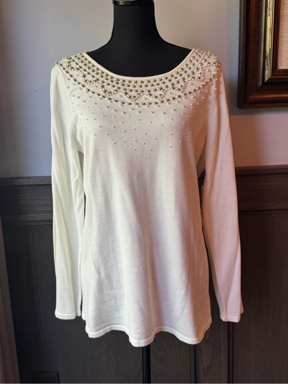 Reba Cream Long-Sleeve Top with Beaded Neckline large nwt
